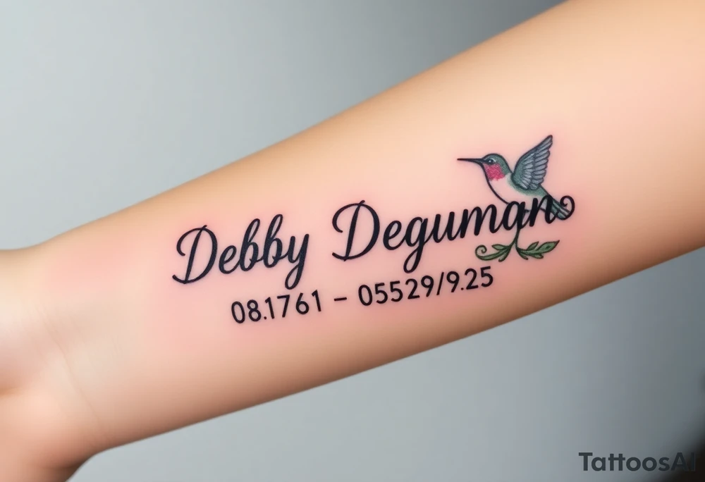 Tattoo of the exact name Debby Deguzman in chunky bold curly cursive with the exact dates of 08/17/61-05/29/25 surrounded by 1 hummingbird and 1 rose tattoo idea