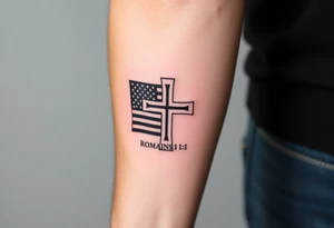 Incorporate a simple Celtic cross with the American flag and the text “Romans 1:16” tattoo idea