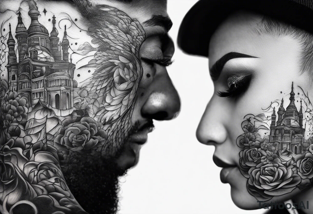 2 black shadows of people standing over 2 dead siloets tattoo idea