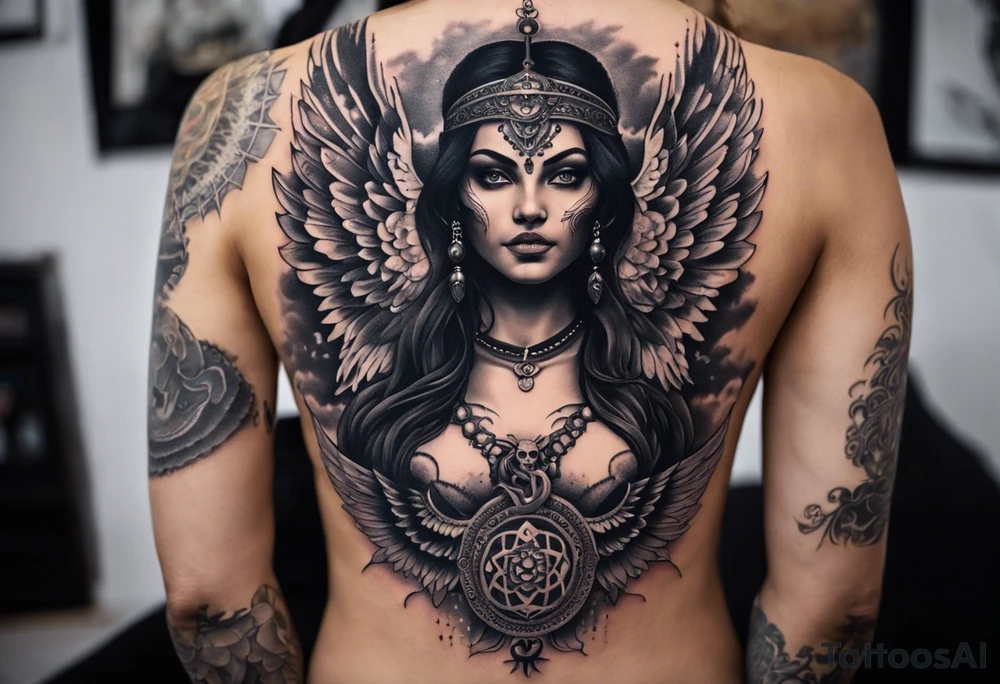 black kali, goddess pirate, alien, angel, pachamama, valkrye, warrior, flying, skull, lotus azul, wing, eagle, zenza resonance, stars, 5D, anahata chakra, death, durga, riding on a tiger, flying lady, kundalini, chest tatoo, rebel tattoo idea
