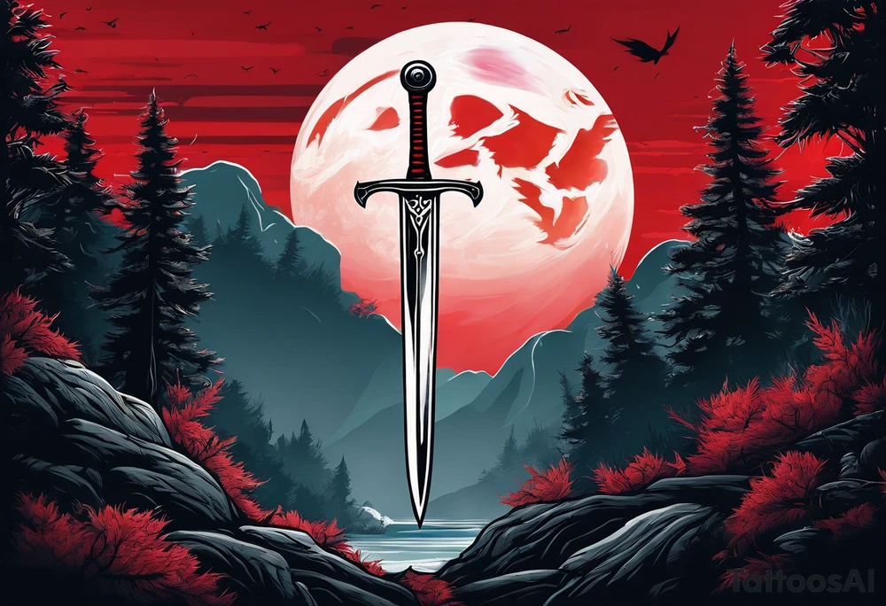 Sword with red moon behind it in the woods tattoo idea