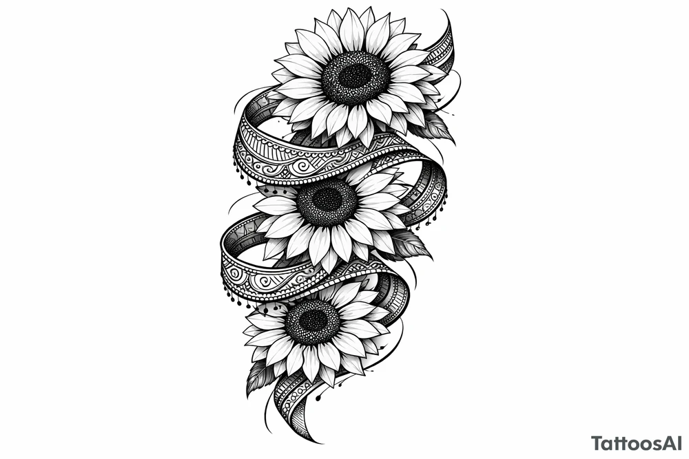 3 cascading Sunflowers wrapped in an Indian ribbon tattoo idea