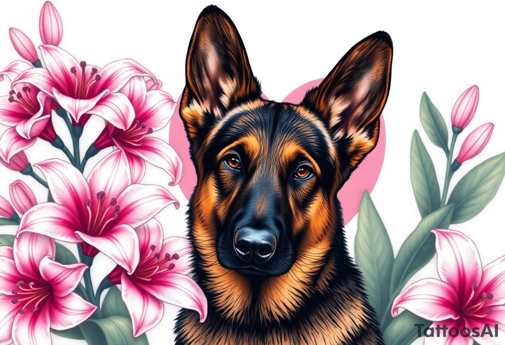 realistic german shepherd with alert ears looking protective surrounded by pink lilies with large leaves in front of a sacred heart tattoo idea