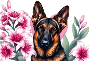 realistic german shepherd with alert ears looking protective surrounded by pink lilies with large leaves in front of a sacred heart tattoo idea
