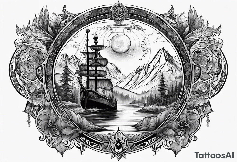 A full back tattoo depicting the journey through life according to Norse mythology tattoo idea