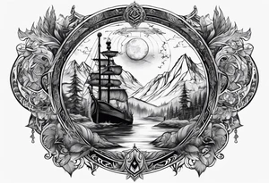 A full back tattoo depicting the journey through life according to Norse mythology tattoo idea