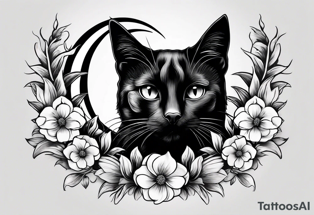 Photo realistic black cat head only facing forward add flowers shaped in a crescent moon facing sideways tattoo idea