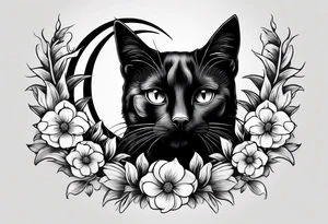 Photo realistic black cat head only facing forward add flowers shaped in a crescent moon facing sideways tattoo idea
