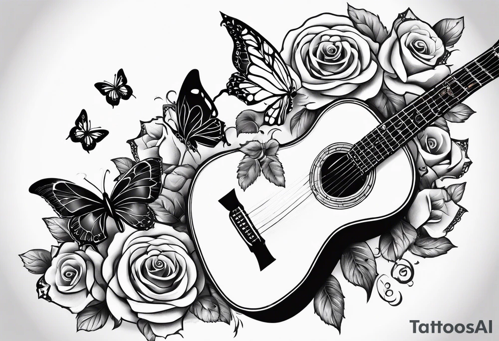 Acoustic guitar with 
roses and butterflies on the right side only tattoo idea