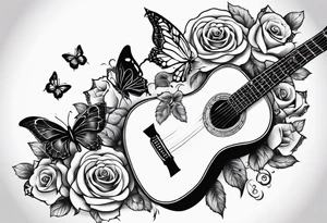 Acoustic guitar with 
roses and butterflies on the right side only tattoo idea