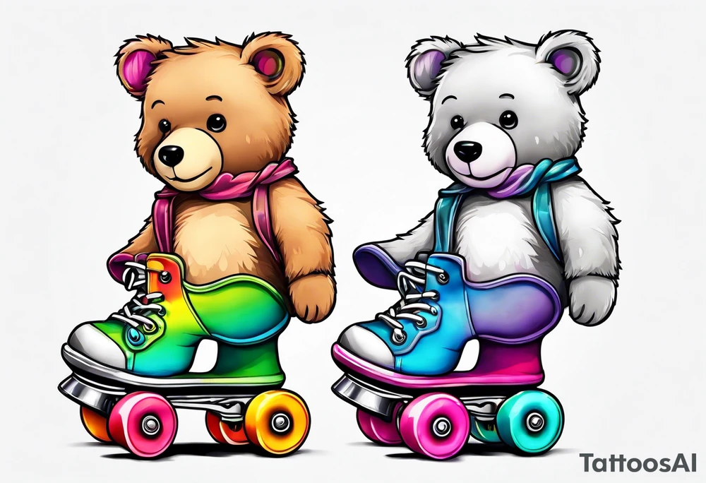 a teddy bear, wearing cute, pastel rainbow roller skates tattoo idea