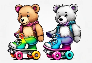 a teddy bear, wearing cute, pastel rainbow roller skates tattoo idea