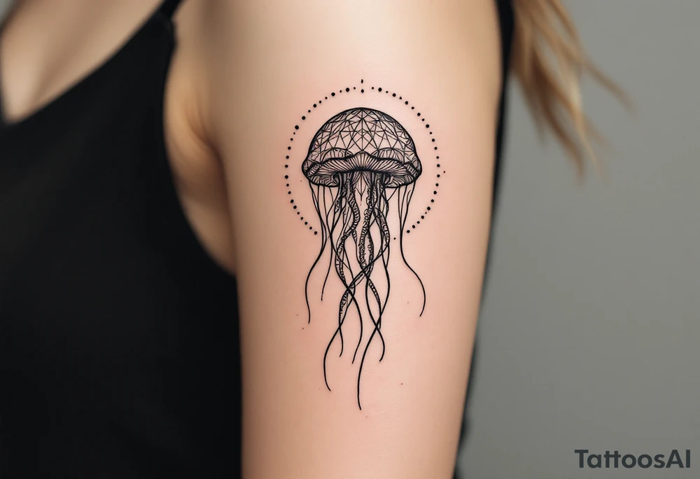 minimal fine-line tattoo, single jellyfish, sacred geometry surround, dotwork patterns, jellyfish bell dome, flowing tentacles, trailing streamers, geometric mandala, radiating dotwork, minimalist design, black grey lines, soft shading, no outlines, geometric frame, organic jellyfish form, upper arm shoulder placement, light airy feel, delicate linework, geometric backdrop, clean lines, radiating patterns, simple jellyfish centerpiece tattoo idea