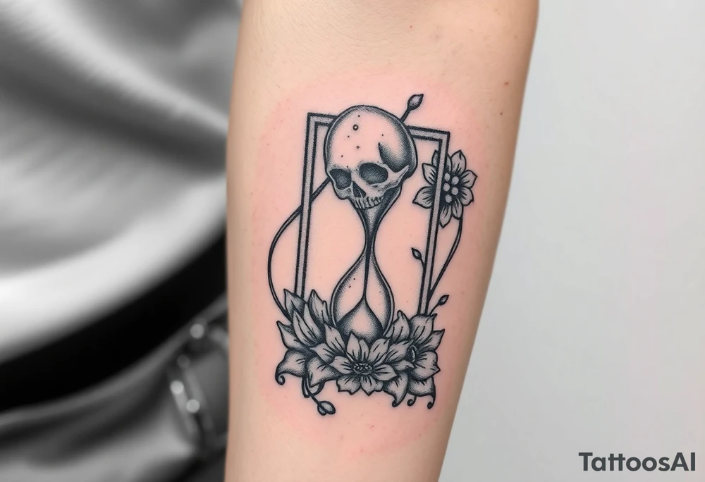 Death tarot card surrounded by a flower and hour glass tattoo idea