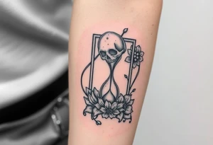 Death tarot card surrounded by a flower and hour glass tattoo idea
