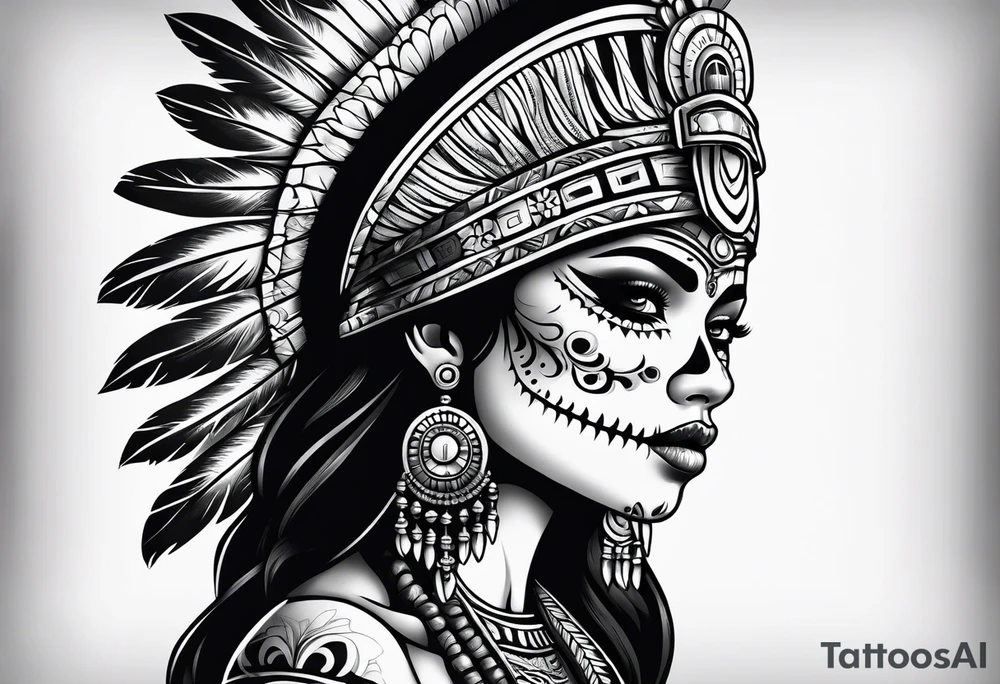 Aztec princess side profile day of the dead tattoo idea