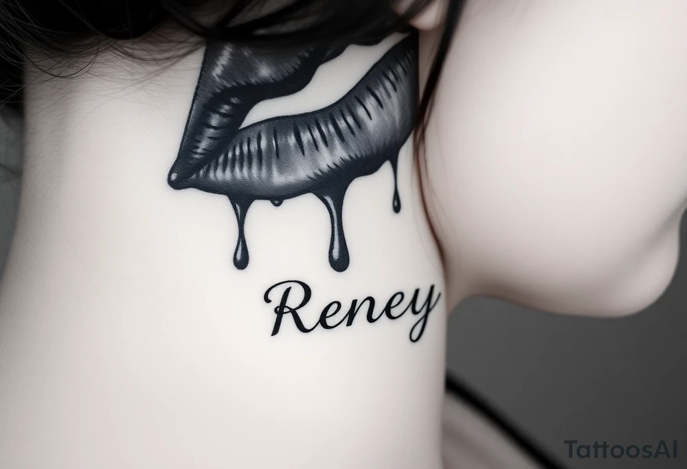 Seductive Stain from lipstick kiss with name Reney lowercase with drool black and white tattoo idea