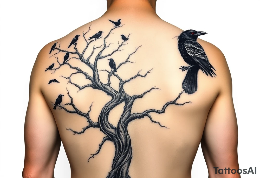 Gothic full-back tattoo starting at lower spine: a twisted, aged tree growing to mid-back. Ravens perched within branches and flying upward. Birds start smaller in the tree and gradually increase slightly in size as they move away. Some ravens wrap organically around the right shoulder and upper arm. A main focal raven sits on the right shoulder, slightly larger, highly detailed, wings in motion, with one glowing red eye (only color). Style is black and grey realism with gothic tone, elegant flow, and body-contouring composition. tattoo idea