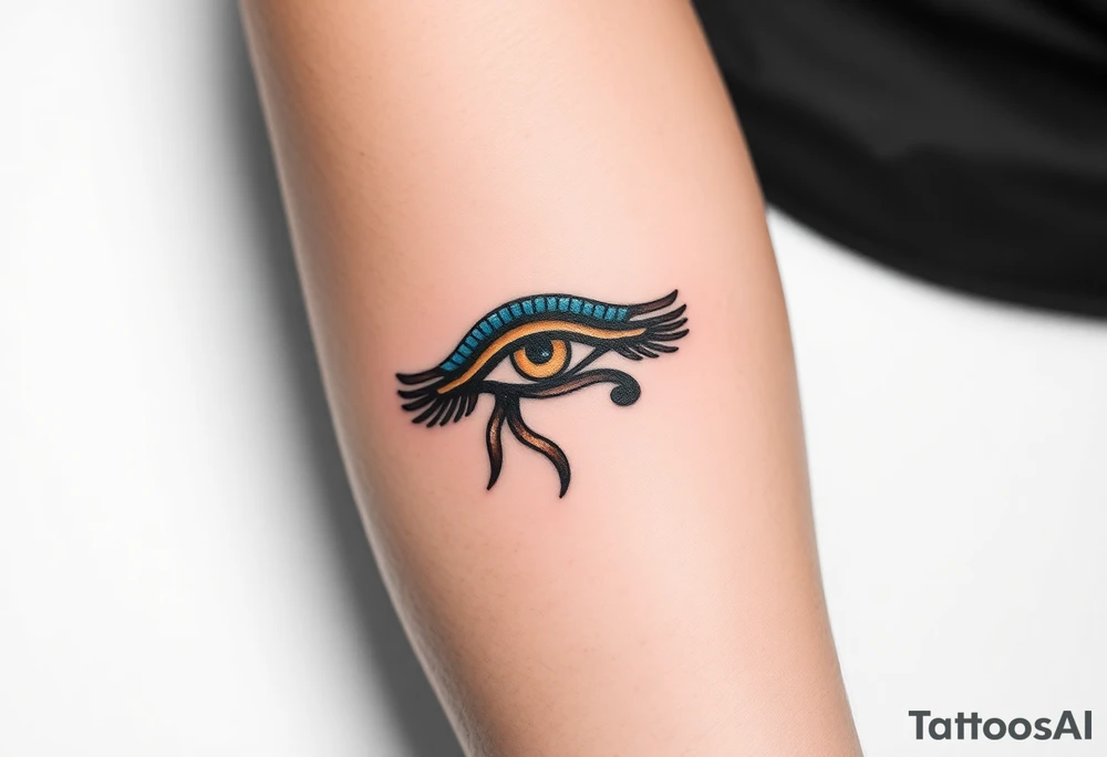 A blue and bronze Eye of Horus, detailed with ancient lines, placed on the forearm for protection and healing. tattoo idea