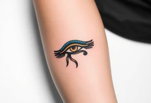 A blue and bronze Eye of Horus, detailed with ancient lines, placed on the forearm for protection and healing. tattoo idea