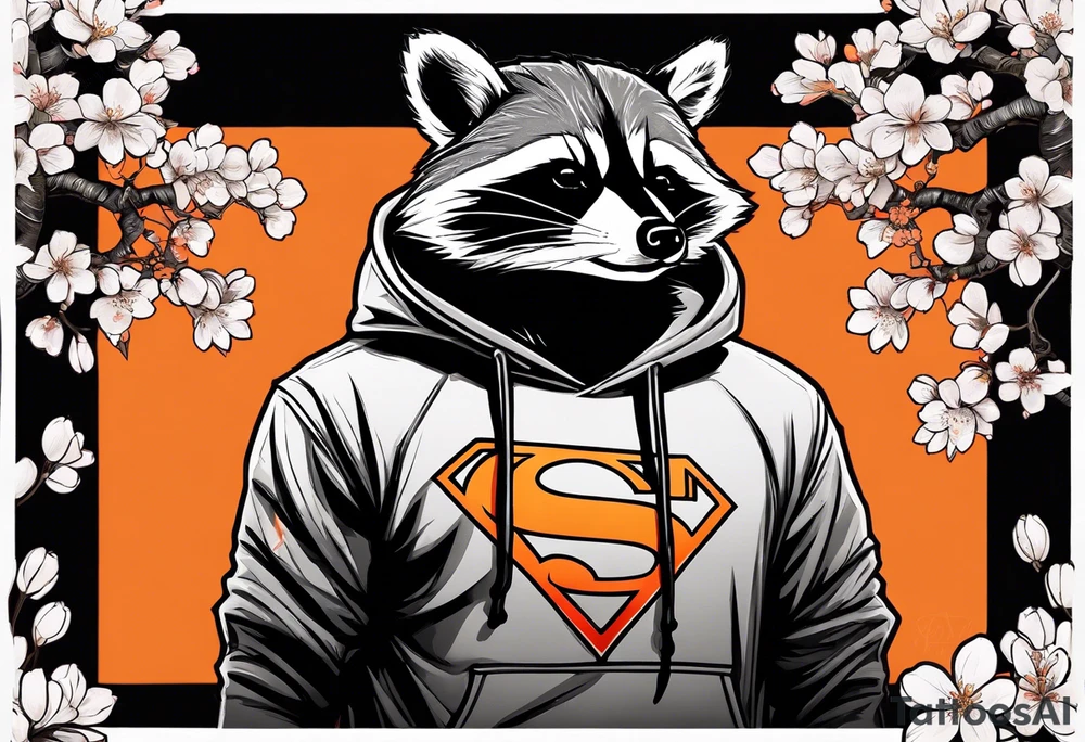 Raccoon wearing a white Superman logo on a black hoodie and orange Japanese cherry blossoms beside tattoo idea