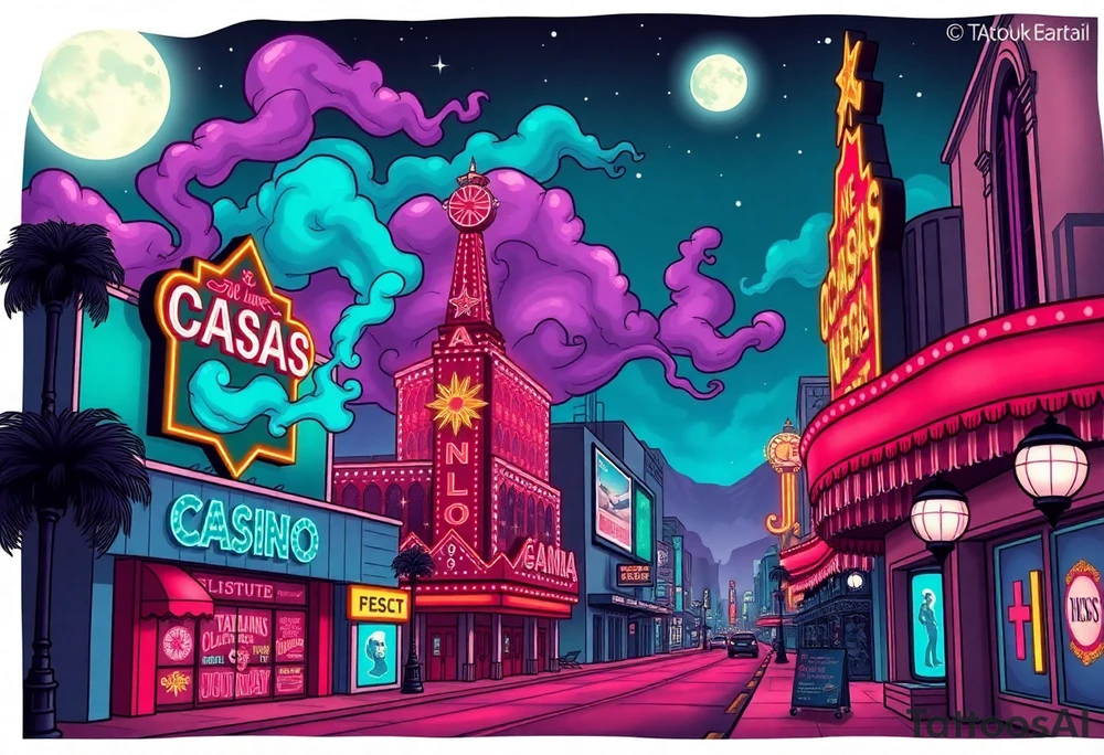 Tim Burton’s vegas casino on the strip from outside view is the street is littered with neon signs  and dripping with muted reds, dusty pinks, and eerie green glow purple and cyan smokey clouds swim through the moonlit night air as the stars twinkle tattoo idea tattoo idea