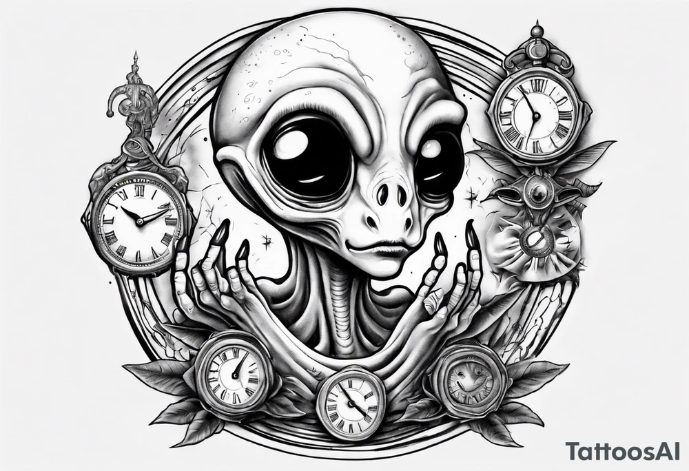 Alien holding a clock tattoo idea