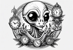Alien holding a clock tattoo idea