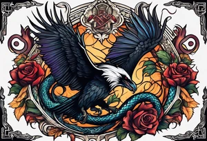 A snake eating its own tail with a sword going through the middle and two ravens eating worms tattoo idea