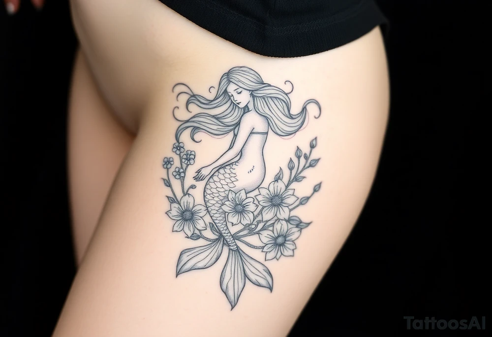 ethereal mermaid with flowing hair among coral and sea flowers tattoo idea