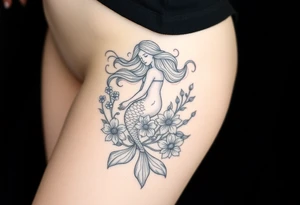 ethereal mermaid with flowing hair among coral and sea flowers tattoo idea