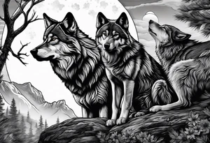 Wolfs and cubs howling at moon tattoo idea