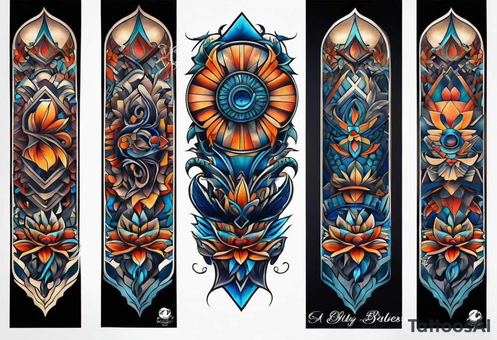 semi Detailed neo traditional knee tattoo flat on paper. The tattoo features geometric patterns and bold lines, creating a visually striking design with slight tints of deep fall colors. The background 
outside the tattoo features deep blues washes and water swirls tattoo idea