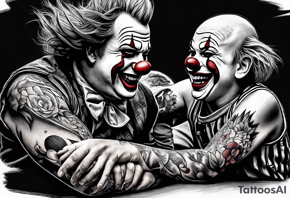 A clown grabbing the leg of another clown tattoo idea