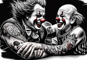 A clown grabbing the leg of another clown tattoo idea