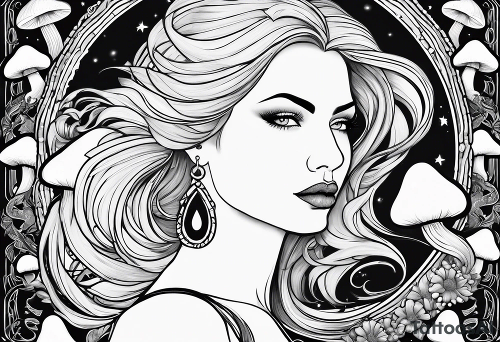 Fat older blonde natural woman long hair small lips surrounded by mushrooms crescent moon mountains background "GRACEFUL" tattoo idea