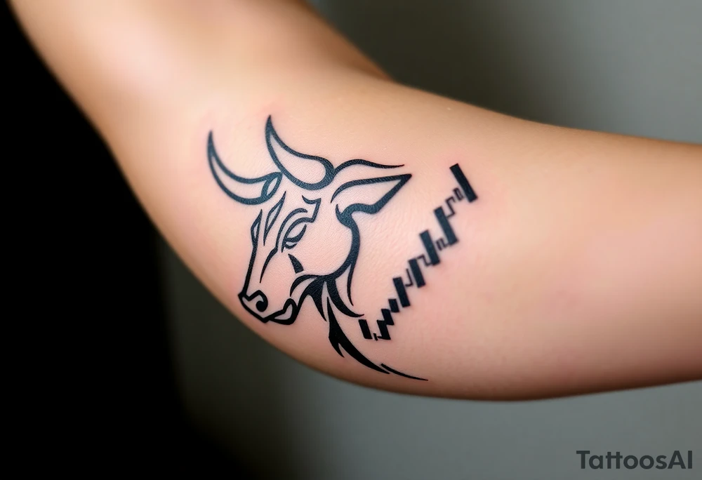 Create a minimalist black line tattoo of a bull’s head that transitions into an upward-trending candlestick stock chart. The design should have clean, fluid lines and combine the bull’s face and horns on the left, with the candlestick chart rising to the right, forming the shape of the bull’s jaw/neck. Keep the style simple and elegant, suitable for a forearm or upper arm tattoo.” tattoo idea