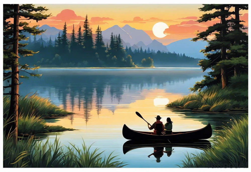 The tattoo design depicts a serene nature scene, framed within a semi-circular border. In the foreground, there are two people sitting in a canoe on a calm lake. They are paddling towards the horizon, with one person sitting at the back of the canoe and the other at the front. The back view of the people suggests a peaceful and contemplative moment shared between them.

In the background, there are majestic mountains with peaks covered in snow, creating a dramatic and picturesque landscape. The mountains are flanked by tall pine trees on either side, adding to the wilderness feel of the scene. Above the mountains, a large sun is either rising or setting, casting a tranquil glow over the entire scene. Birds are flying in the sky, adding to the sense of freedom and natural beauty.

The entire scene is rendered in a minimalist, black and white, line-drawing style, giving it a clean and elegant appearance. The semi-circular frame around the design focuses attention on the central elements and adds a sense of completeness to the image. black and white tattoo idea