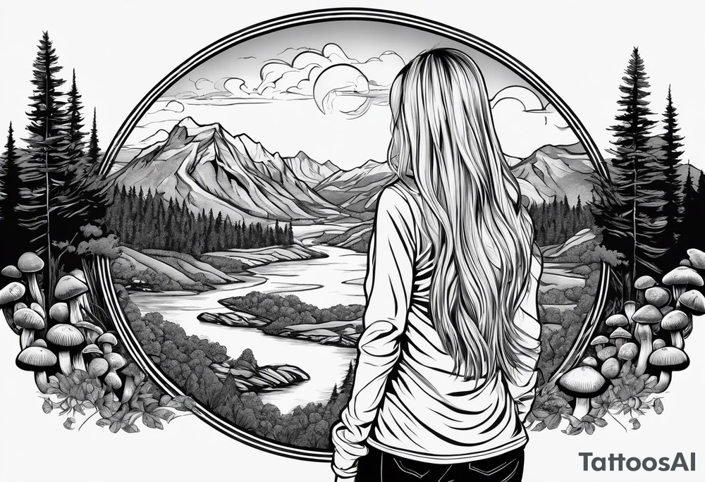 Whole picture encircled fully

Straight long blonde hair hippie girl in distance holding mushrooms in hand facing away toward mountains and creek surrounded by mushrooms long sleeve shirt and hiking pants; whole rendering within a full circle, no cut off circle tattoo idea