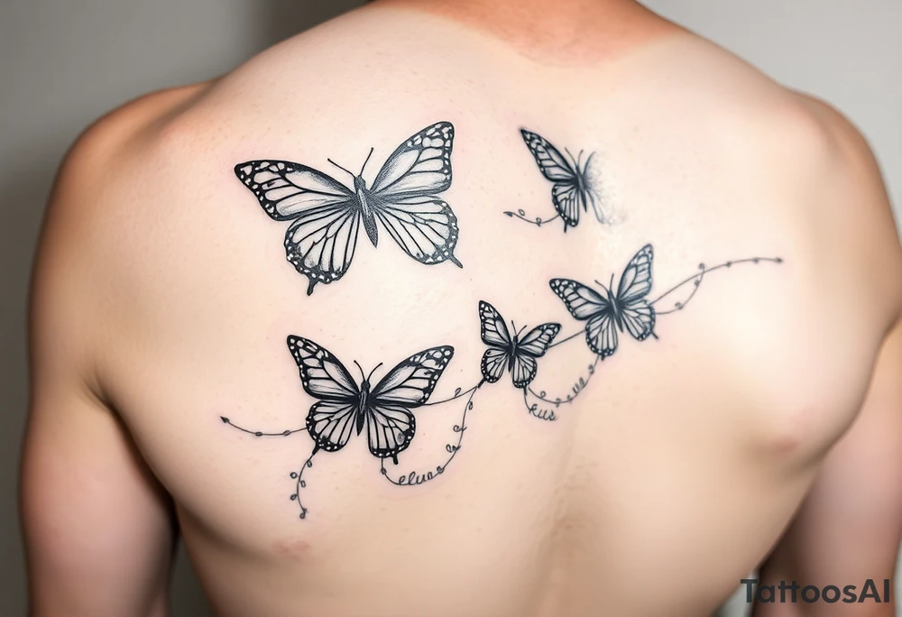 Six Butterflies with kids names streaming down arm tattoo idea