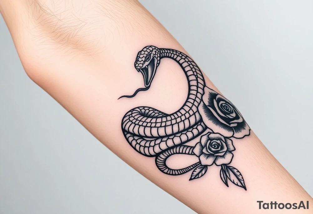 powerful majestic snake wrapped around rose ornaments tattoo idea