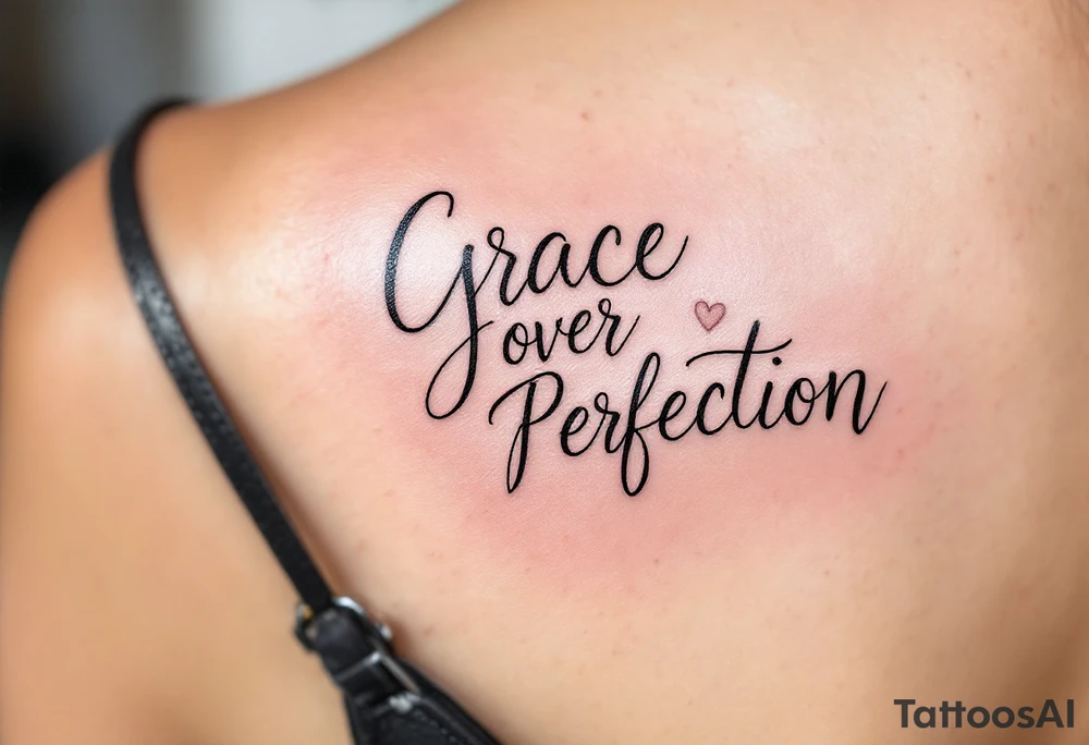 "Grace Over Perfection" in loopy cursive, dusty rose ink with a soft background heart in faded grey linework. tattoo idea