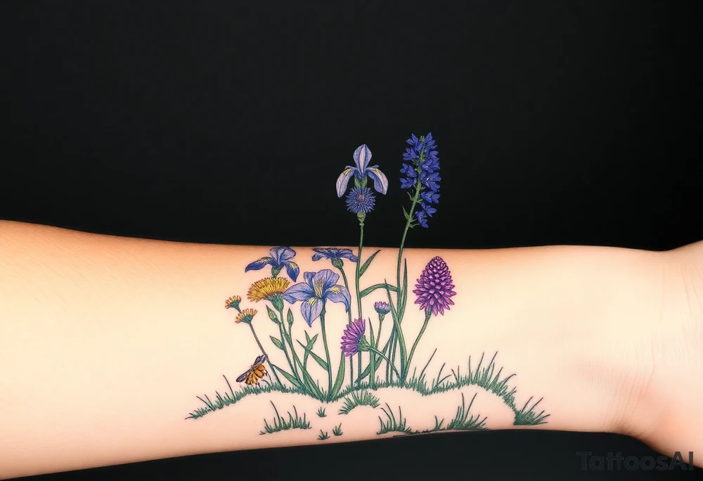 a bunch of cutleaf coneflower, blue flag iris, bee balm, obedient plant, purple coneflower on a hill with grass with wildlife tattoo idea