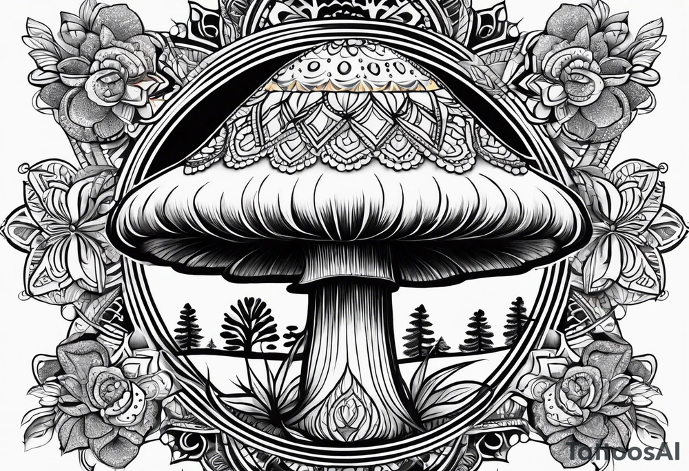 Black mushroom tattoo with henna style mandala design surrounding it tattoo idea
