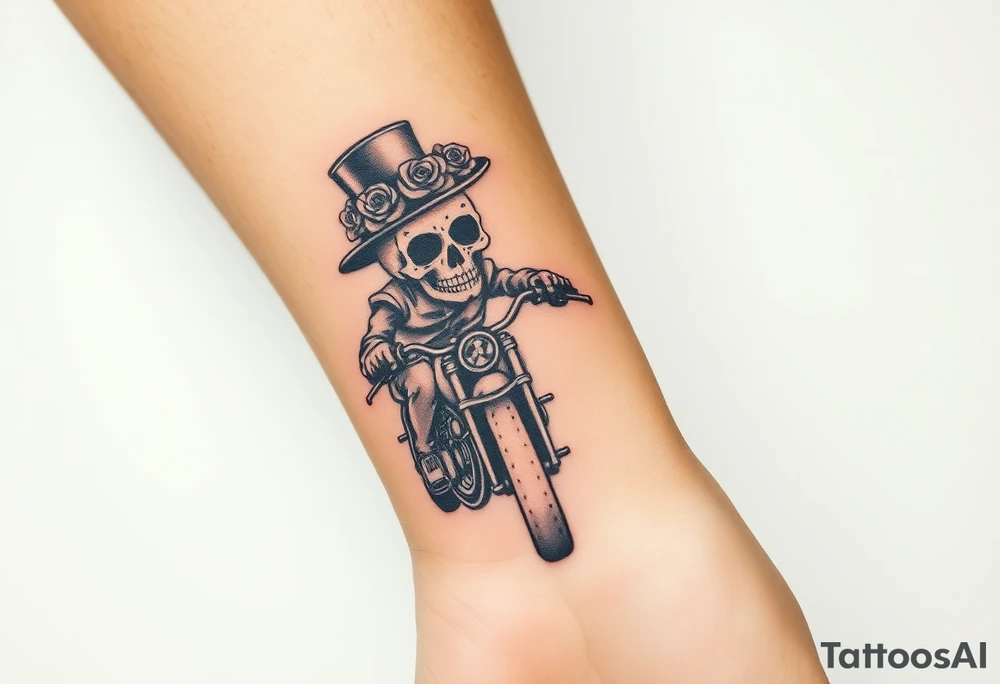 create an decorated "day of the dead skull" wearing a top hat with roses who is riding a retro motorcycle tattoo idea