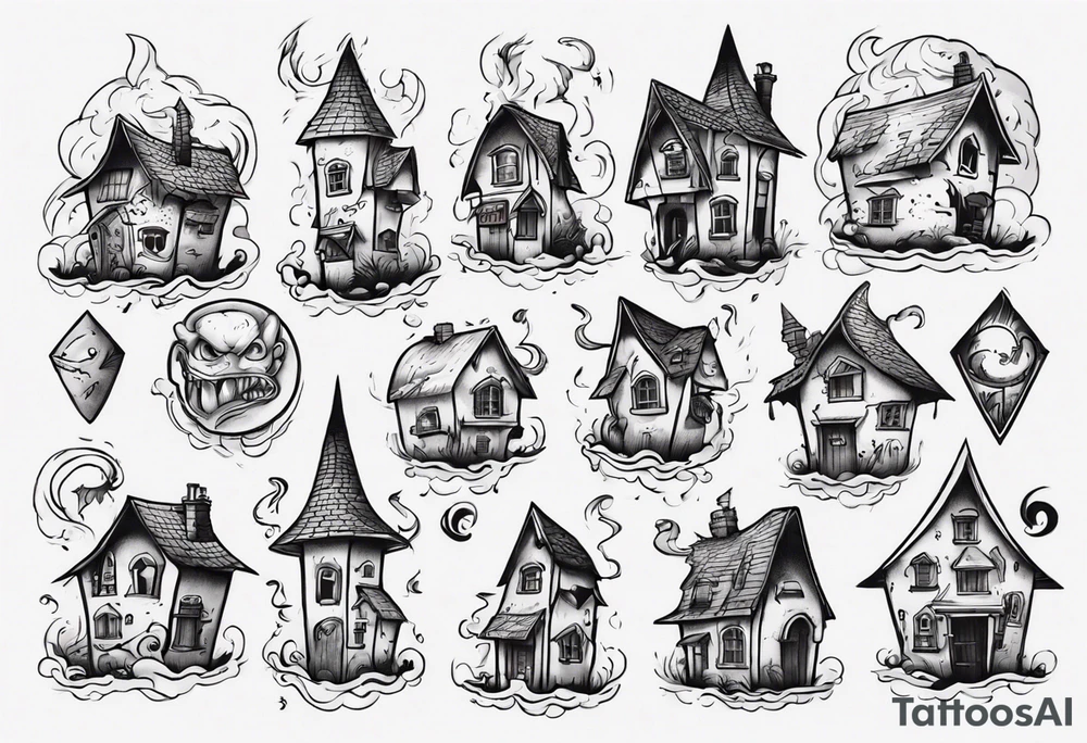 A little house with a monster coming out of its pointy roof tattoo idea