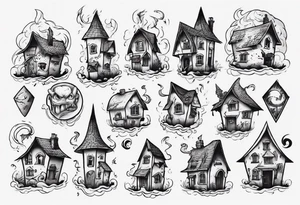 A little house with a monster coming out of its pointy roof tattoo idea