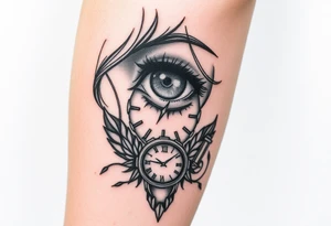 Ojo de mujer rodeada de tinta con un reloj y mucho caos tattoo idea