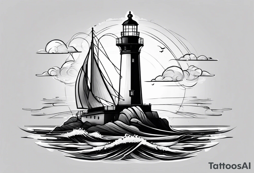 maritime lighthouse partially hidden by its  large fixed sails. tattoo idea