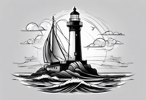 maritime lighthouse partially hidden by its  large fixed sails. tattoo idea